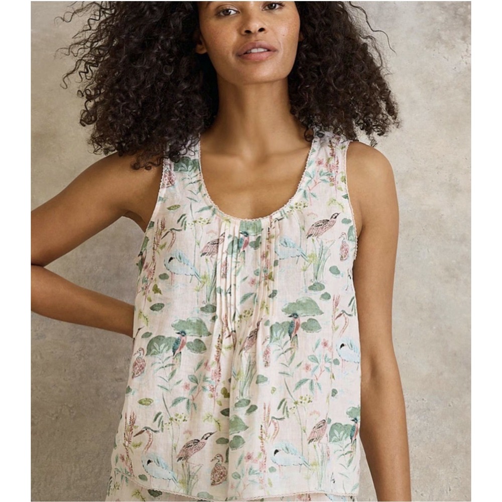 Garnet Hill Sz L 100% Linen Pintuck Tank Lakeside Aviary Bird Print Pj Top $59